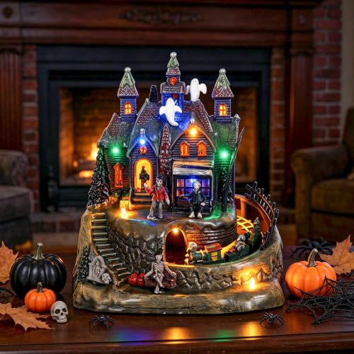 Halloween Village Animated Lighted Haunted House with Moving Train