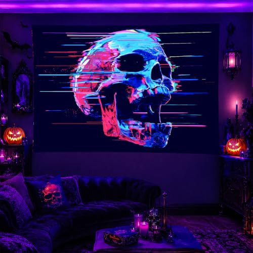 Blacklight Tapestry Cyberpunk Skull Wall Art 78 x 59 Inch