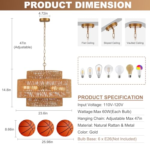23.6" Gold Rattan Chandelier (6 Count)