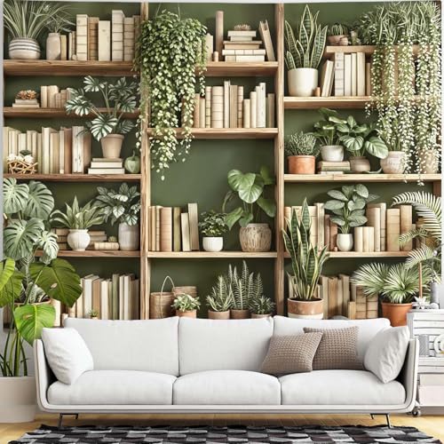 Green Plant Bookshelf Tapestry Botanical Bookshelf Tapestries Wall Hanging Modern Potted Plants Bookshelf Backdrop Extra Large Tapestry for Bedroom Living Room Dorm 90 x 68 inch