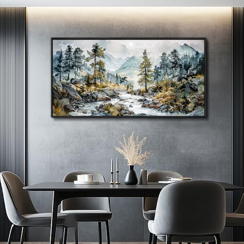 Large Wall Art For Bedroom Wall Decor For Living Room Office Decoration Rivulet View Painting Forest Tree Landscape Watercolour Pictures Canvas Artworks Home Decor Black Framed 24x48 In