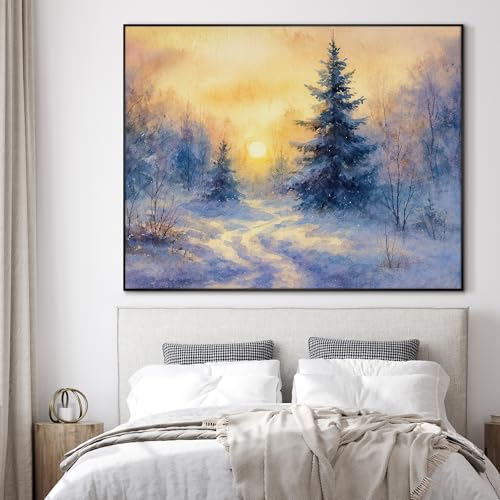 46"x60" Extra Large Framed Wall Art Winter Sunrise in Snowy Pine Forest Watercolor Style for Home Living Room Bedroom Decor