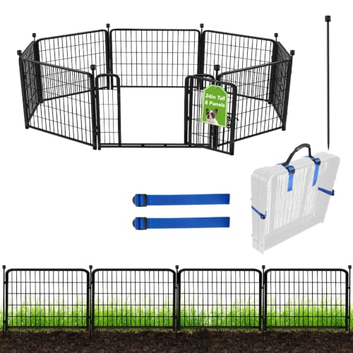 24 in(H) Garden Fence with Gate, 8 Panels Total 19.7 Ft(L), Heavy Duty Iron Metal Animal Barrier Fence, Dog Fence Outdoor for Yard, Temporary Fencing, No Dig Garden Border Fencing (40 Sq Ft)