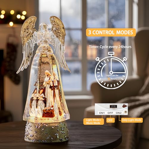 Christmas Snow Globe Lantern Water Glittering Angel & Nativity with Music & Timer