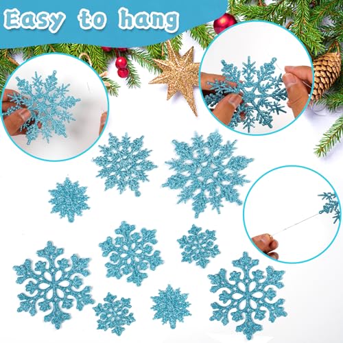 36pcs Christmas Light Blue Snowflake Ornaments Plastic Glitter Snow Flakes Ornaments for Winter Christmas Tree Decorations Size Varies Craft Snowflakes (36 Count)