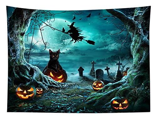Halloween Tapestry Pumpkins Black Cat Dead Tree in Spooky Graveyard Full Moon Night with Witch Halloween Wall Hanging for Bedroom Living Room Dorm Decor 92.5x70.9 Inch