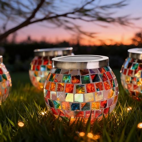2 Pack Gift for her him Landscape Lighting Path Lights Heavy Solar Mosaic Lantern with RGB Color (2 Count)