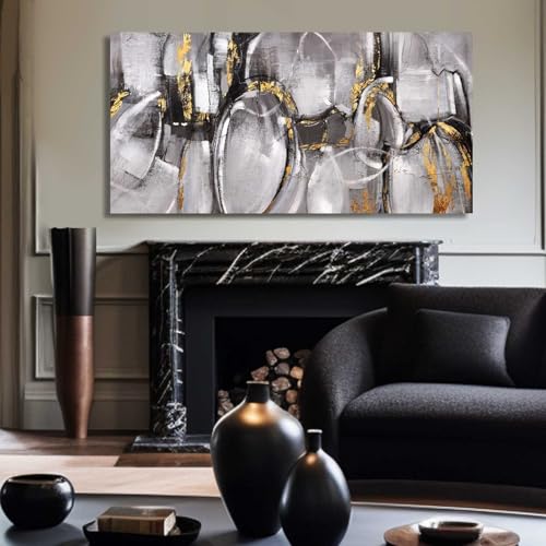 Black and Grey Painting Pictures Abstract Wall Decor for Office 29"x 58" Modern Artwork Gold Foil Wall Art for Living Room Dining Room Bedroom