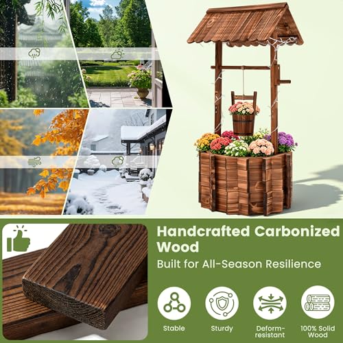 54" Outdoor Wooden Wishing Well Planter with Colorful LED Lights