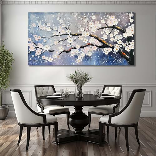 White Flowers Hand Painted Wall Art for Bedroom Blue Modern Wall Decor for Office Extra Large Wall Art for Living Room Size 36 x 72 Inch