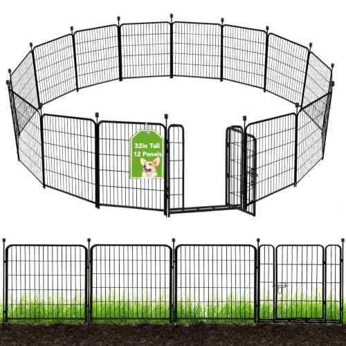 32 in(H) Garden Fences and Borders,1 Gate+11 Panels Dog Fence Outdoor for Yard, Temporary Fence, Flower Garden Fencing, Heavy Duty Iron Metal Animal Barrier Fences,Total 26.6 Ft(L),Black (12 Count)