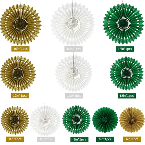 Honeycomb Round Paper Fans Green Gold Hanging Party Decoration (11 Count)
