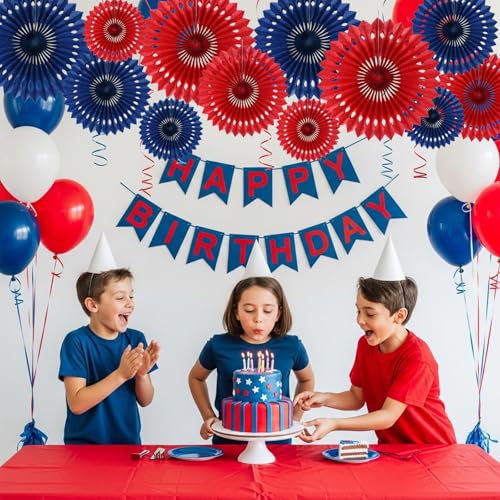 Honeycomb Round Paper Fans Navy Blue Red Hanging Party Decoration (12 Count)