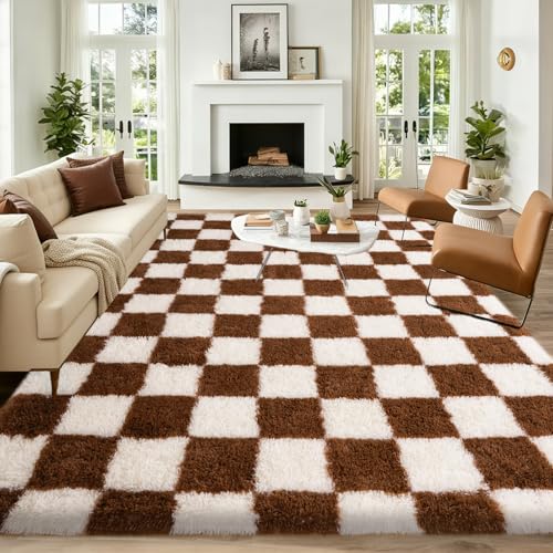 Fluffy Plush Shag Checkered Rug
