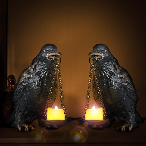 Raven Gothic Home Decor Fake Crow Light Holder Raven Lamp Tealight Candle Holder Resin Raven Statue Wearing Gold 2PCS (2 Count)