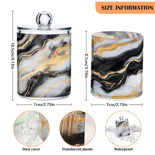 2 Pack Qtip Holder Organizer Dispenser Black Gold Grey Marble Texture Bathroom Storage Canister Cotton Ball Holder Container for Cotton Pads (2 Count)