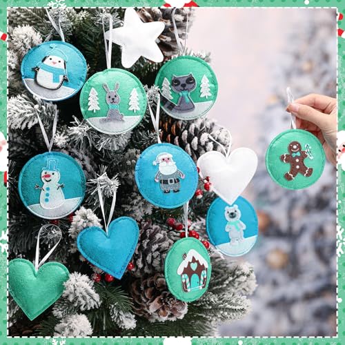 12 Pcs Christmas Felt Ornaments for Tree Decoration Santa Claus Snowman Gingerbread Man 3D Hanging White Mint Turquoise Color Felt Craft for Christmas Winter Favors Gifts (12 Count)