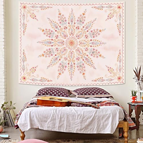 Boho Floral Mandala Tapestry for Bedroom Aesthetic Pink Bohemian Flower Wall Tapestry Watercolor Hippie Indian Small Tapestries Wall Hanging for Living Room Dorm Decor 48 x 36 Inch