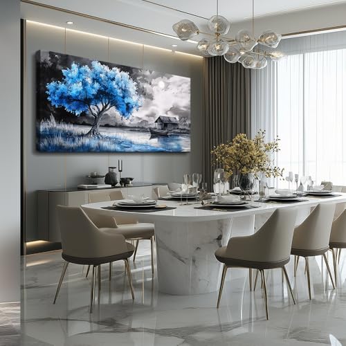 Large Wall Art For Living Room Blue Wall Decor For Bedroom Black White And Blue Trees Wall Pictures Restaurant Office Frame Printing Canvas Large Artwork Modern Home Decoration 30x60 in