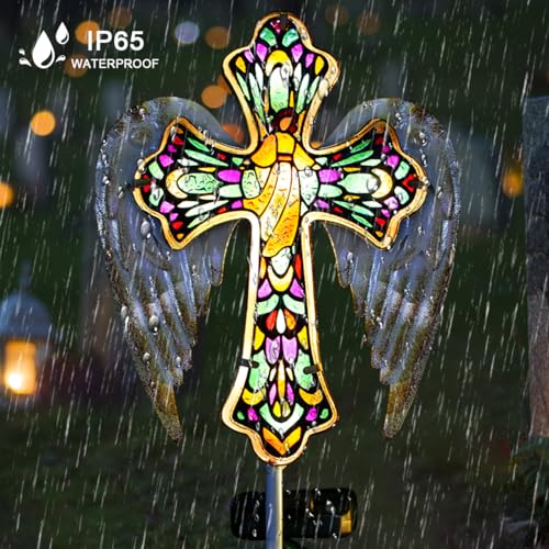 Solar Glass Cross Stake Lights with Angel Wings (2 Count)