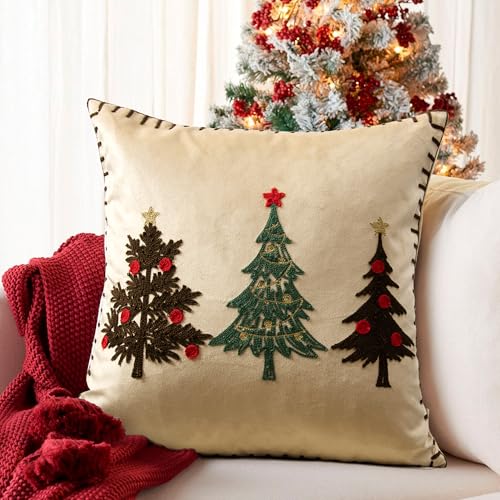 Christmas Tree Pillow Covers 18x18 Inch Gold Embroidered Tree Throw Pillows for Holiday Decorations