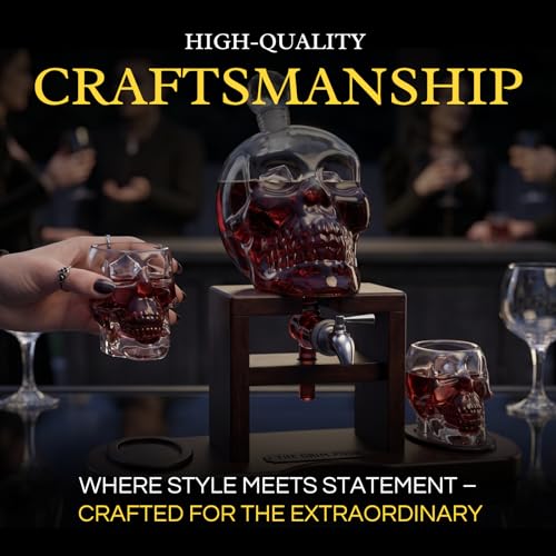 Skull Skeleton Wine & Whiskey Decanter Set 750mL with 2 Skull Shot Glasses 3oz (4 Count)