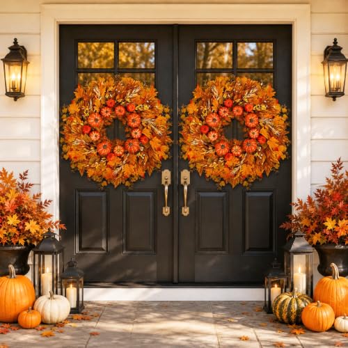 28 Inch Fall Wreath for Front Door Outside Large Artificial Autumn Wreath with Orange Red Pumpkins Maple Leaves Berries Fall Decoration for Home Farmhouse Door Wreath for Harvest Thanksgiving