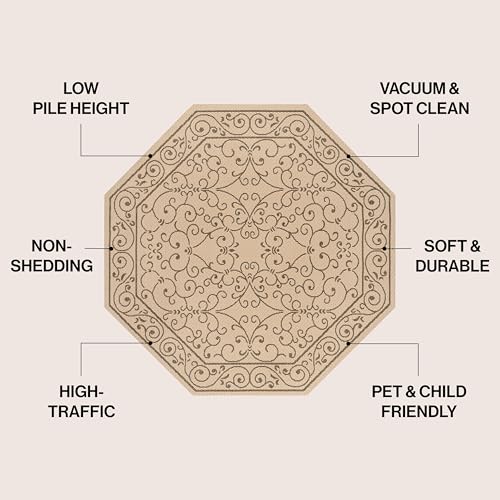 Vintage Filigree Indoor Outdoor Octagon Area Rug 8 Ft Beige