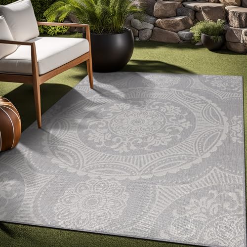 Medallion Outdoor Rug 9x12 Washable Outside Carpet for Indoor Patio Porch Waterproof Easy Cleaning Non Shedding Area Rugs Gray 9 x 12