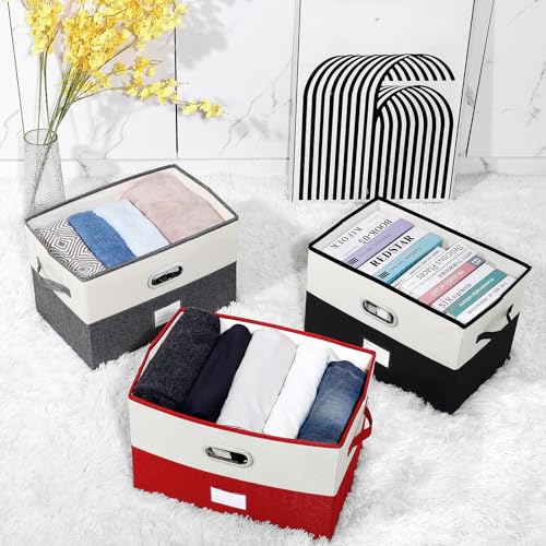 Large Linen Fabric Foldable Storage Bins with Removable Lid and Handles