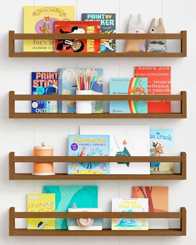 24 Inch Wooden Floating Nursery Book Shelves for Wall (4 Count)