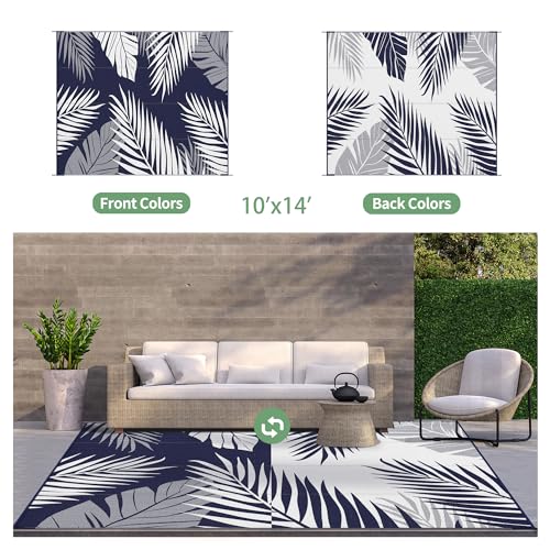 Outdoor Rug Waterproof Plastic Rugs 10'x14' for Camping Blue White