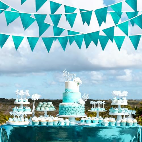 Teal Aqua Blue Triangle Pennant Banner Turquoise Metallic Fabric Flag Bunting Garland for Birthday Bridal Shower Graduation Wedding Holiday Retirement Under The Sea Mermaid Party Decorations Supplies