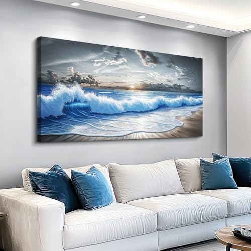 Large Canvas Wall Art Blue Ocean Wave Landscape Painting 30"X60"