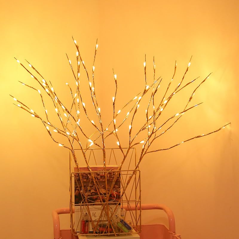 2 Pack Led Branch Light Battery Operated Lighted Branch Vase Filler Willow Tree Artificial Little Twig Power Golden 30 Inch 20 LED for Home Romantic Decoration (2 Count)