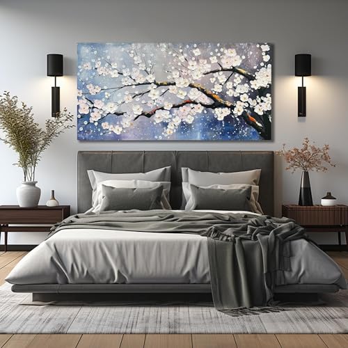 Plum Blossom Painting Wall Decor For Bedroom Women Modern Wall Art For Office Blue And White Wall Art For Living Room Large Size 29 x 58 Inch