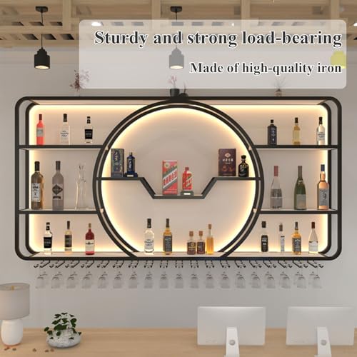3 Tiers Metal Wine Rack Wall Mounted Modern With LED Light With Wine Glass Holder Large Liquor Bar Display Shelf
