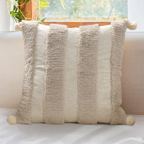 Boho Throw Pillow Covers 18x18 Tufted Home Decor Natural Beige