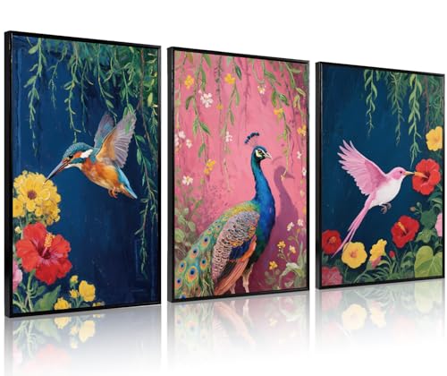 3 Pcs Birds Peacock Flowers Framed Canvas Wall Art 16x24 Inch