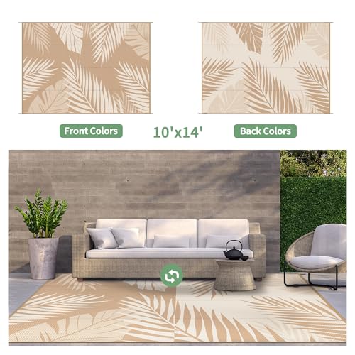 Outdoor Rug Waterproof Plastic Rugs 10'x14' for Camping Brown Beige