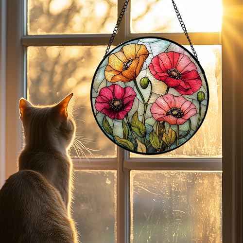 Poppy Flower Stained Glass Window Hanging Suncatcher Gifts for Women 7.8"