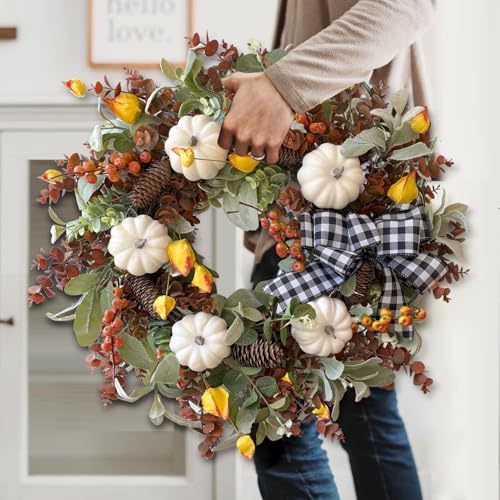 24 Inch Farmhouse Fall Wreath for Front Door with White Pumpkins