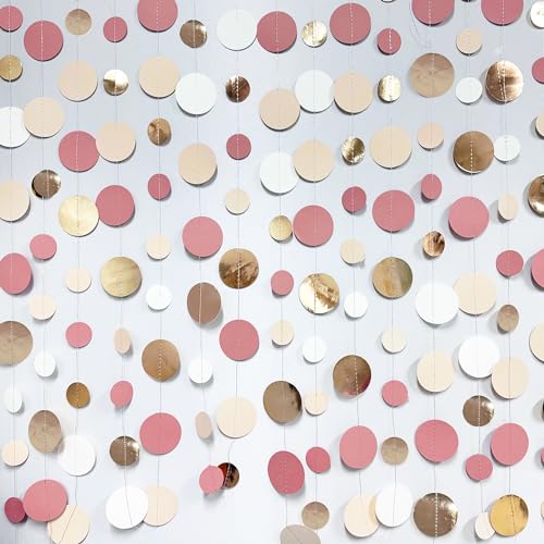 Champagne Gold Dusty Pink Decorations Circle Dots Garland Gold Pink Nude Neutral Cream White Boho Hanging Polka Dot Streamer for Bridal Shower Birthday Wedding Engagement Party Supplies