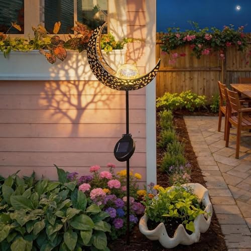 Moon Solar Lights Garden Outdoor Decor Waterproof Metal Solar Stakes Lights for Patio Yard Walkway Lawn Patio Mothers Garden Gifts Mom Wife Grandma