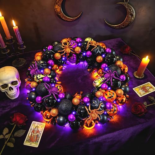 17 Inch Halloween Ball Wreath for Front Door with Lights