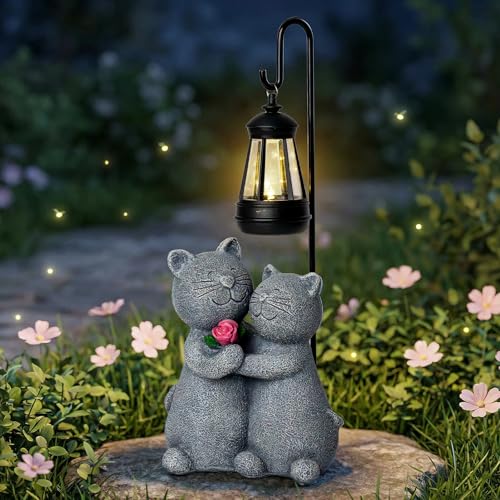 Outdoor Cat Garden Statues with Solar Lantern