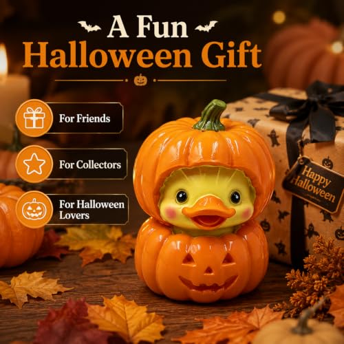 Halloween Duck Pumpkin Statue Cute Spooky Figurine Desk Ornament Decoration Cartoon Mini Pumpkin Duck Figurine for Festive Home Office Desktop Shelf Table Decor Display Ornament