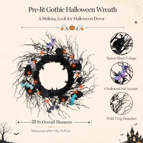 20 Inch Black Twig Halloween Wreath with 30 Orange LEDs and 6 Bats