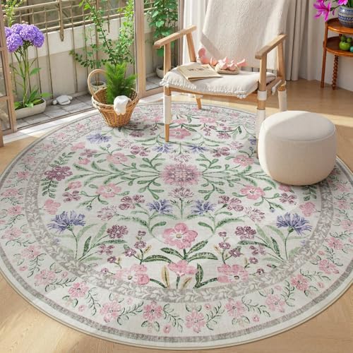 Floral Washable Round Rugs 6ft (28.27 Sq Ft)