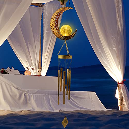Solar Moon Wind Chimes for Outside Unique Birthday Mom Gifts for Women Mom Grandma Crackle Glass Ball LED Wind Chimes Solar Lights Outdoor Decor Light for Garden Patio Yard